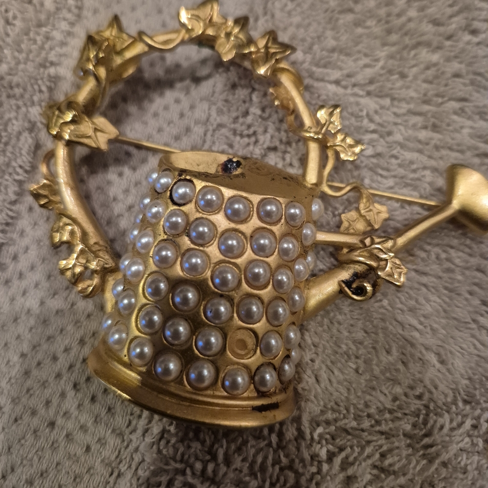 Gold and Pearl Embellished Watering Can Brooch